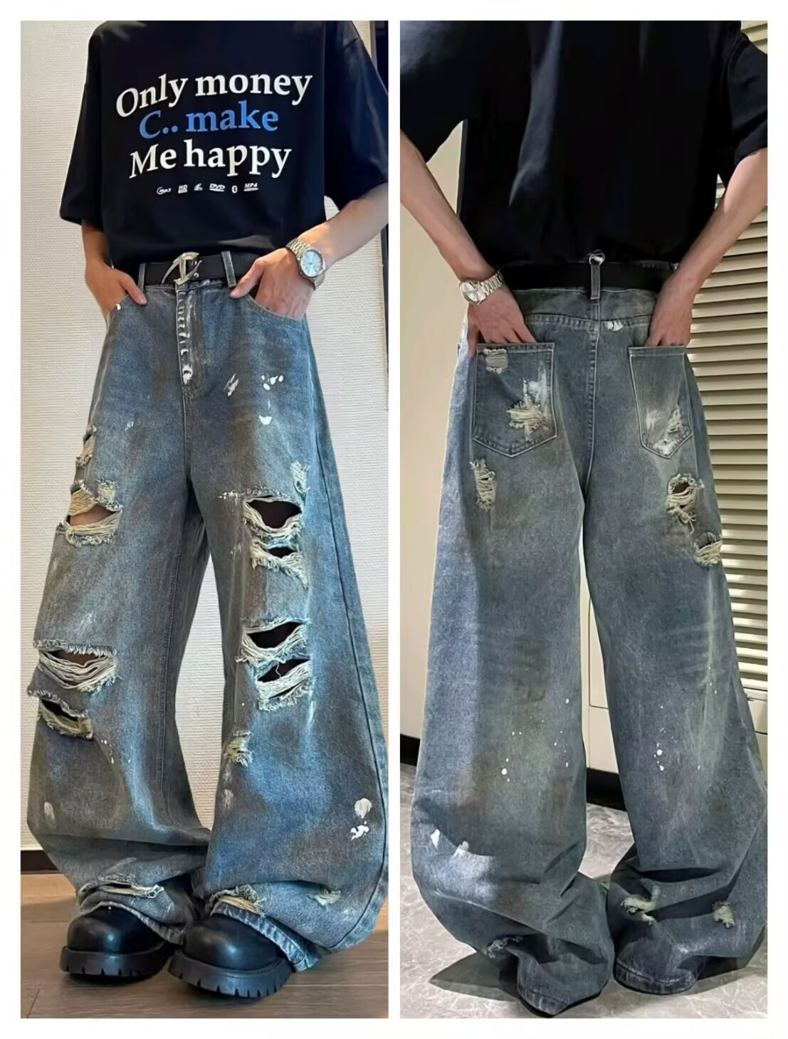 Unisex Distressed Denim Jeans | Relaxed Straight Leg Fit For Men And Women | Comfortable Stretch, Vintage Washed, Everyday Casual Style_viptrois.com