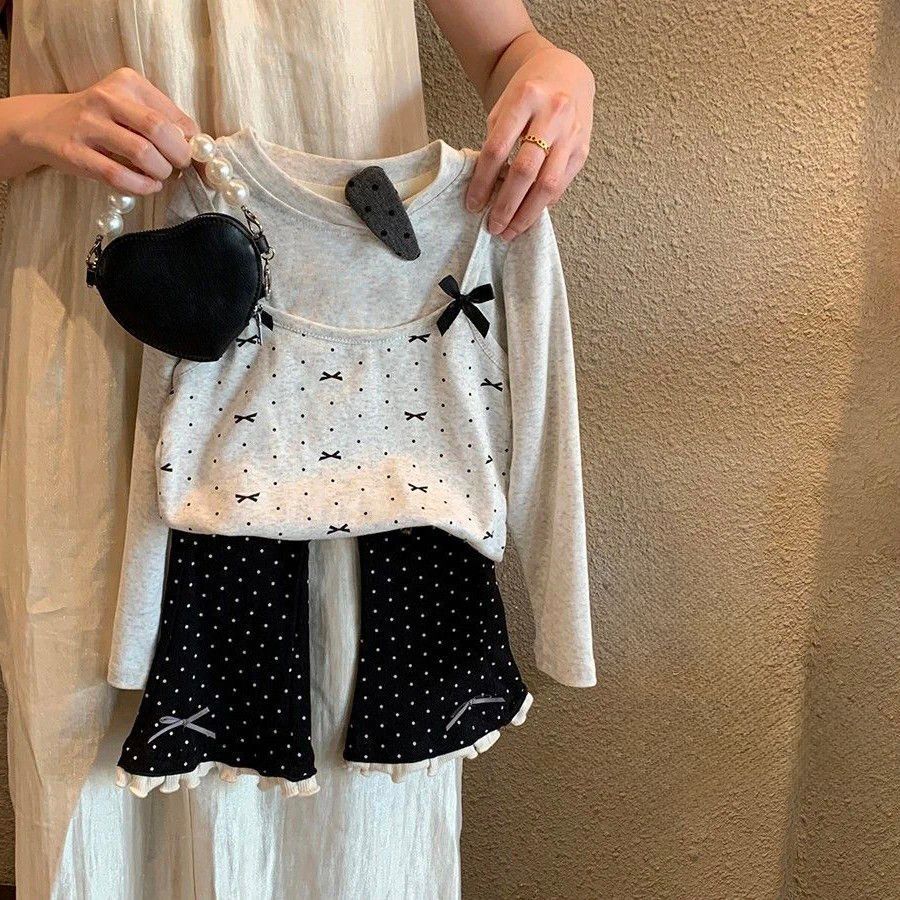 Girls' Autumn Outfit Set Children's Polka Dot Bow Flare Pants Baby Faux Two-Piece Long-Sleeve Top Stylish Fashionable Model