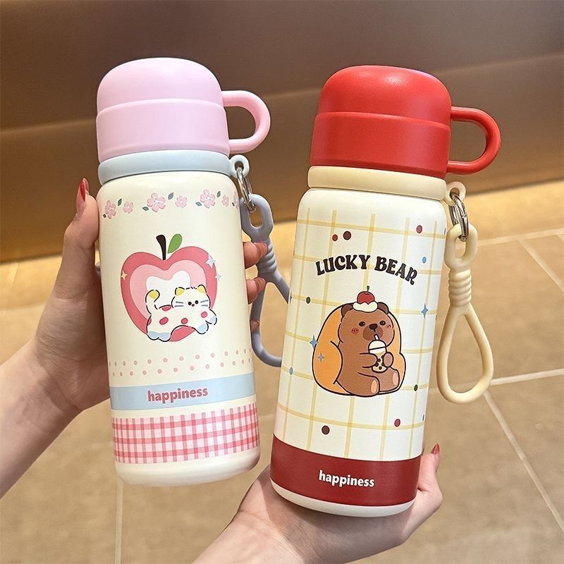 Popular Women's Straw Thermos Cup, High-Looking Cartoon Kidsren's Cup, 316 Stainless Steel Double Drinking Cup, Convenient Handle Cup