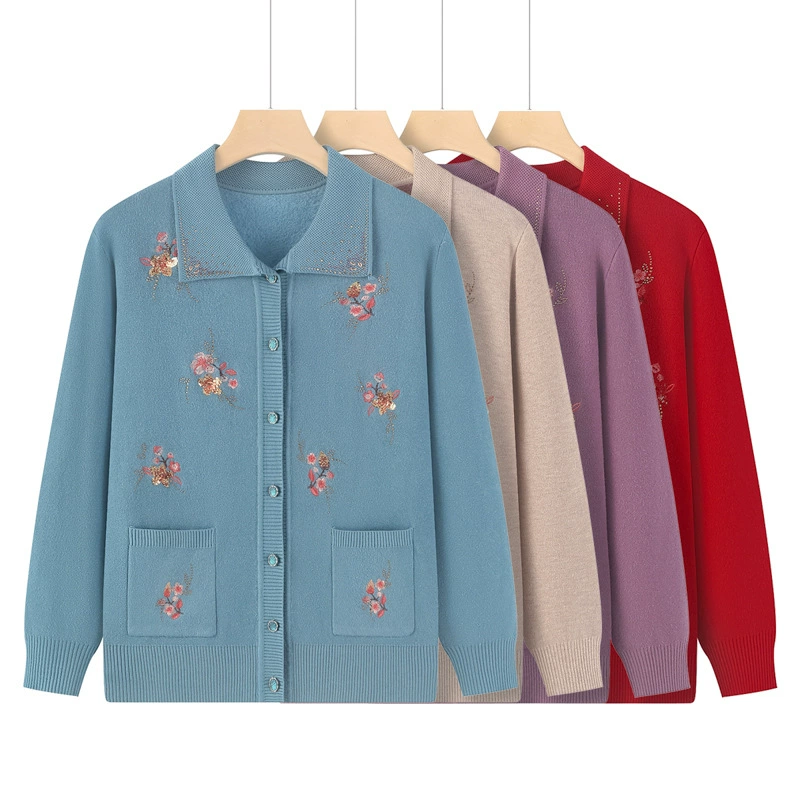 [Сян] Бабушка осенний вязаный свитер тонкая куртка 2024 пожилая мама ранней осенью свободный свитер кардиган отворот