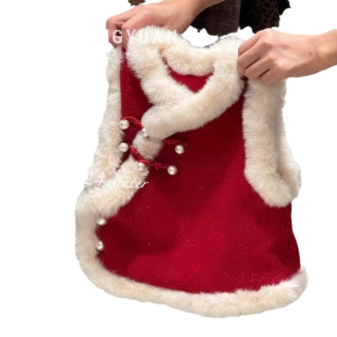 Estrella infantil disco de botón de vello nuevo chaleco rojo chino con mangas de lana para celebrar el invierno 2025 ropa de Año Nuevo