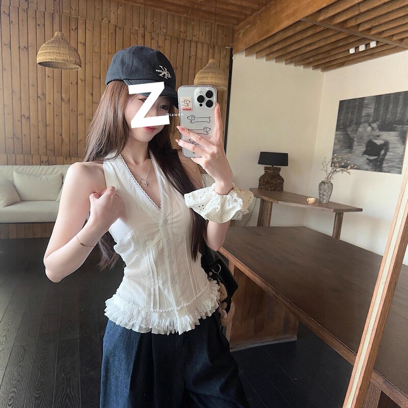 Pure Lust Style Lace White V Neck Halter Top Summer Niche Design Waist Sleeve Camisole for Women