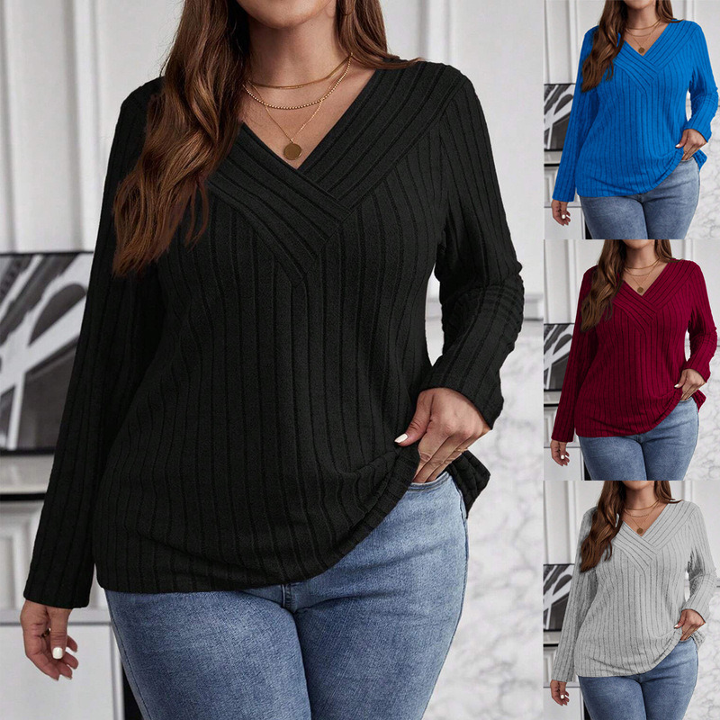 2025 Amazon European and American Autumn and Winter Pure Color Large Size New Top Cross V Neck Long-Sleeved Pit Strip Brushed Pullover T-Shirt 2025 Amazon European and American Autumn and Winter Pure Color Large Size New Top Cross V Neck Long-Sleeved Pit Strip Brushed Pullover T-Shirt