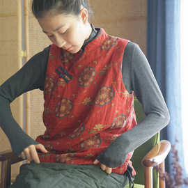 原创复古中国风数码印花亚麻加棉背心民国斜襟撞色加厚马甲M21320