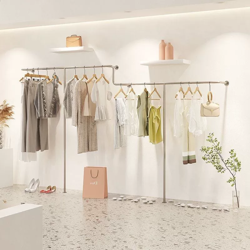 Стеллаж для магазина одежды, настенный напольный стеллаж из нержавеющей стали, серебристый, матовый, настенный, детская одежда, женская одежда, магазинная полка, настенный подвесной стеллаж