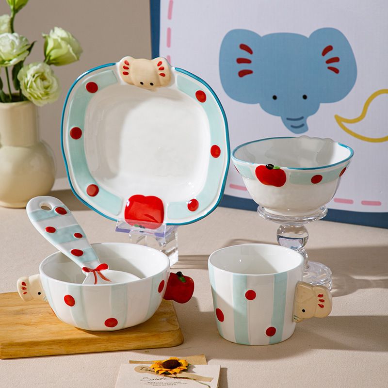 Wholesale a Dai Cartoon Cute Elephant Ceramic Bowl Home High-Looking Tableware Rice Bowl Salad Bowl One-Person Food Set