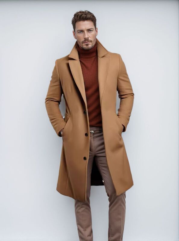 Jinhane 2026 Foreign Trade Woolen Coat for Men, Long Solid Color Autumn and Winter Woolen Overcoat, Warm Youth Coat with Free Shipping