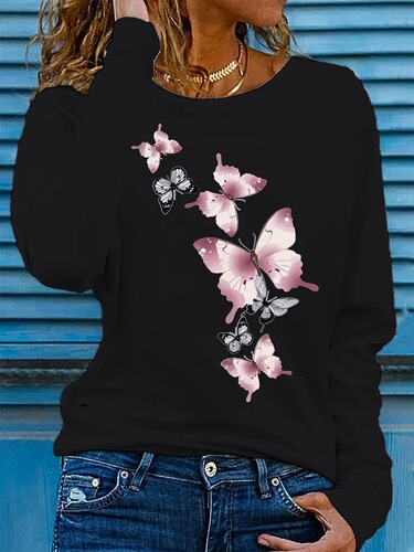 Spring and autumn women's 100% cotton fashionable casual loose butterfly pattern print round collar long-sleeved T-shirt basic lining