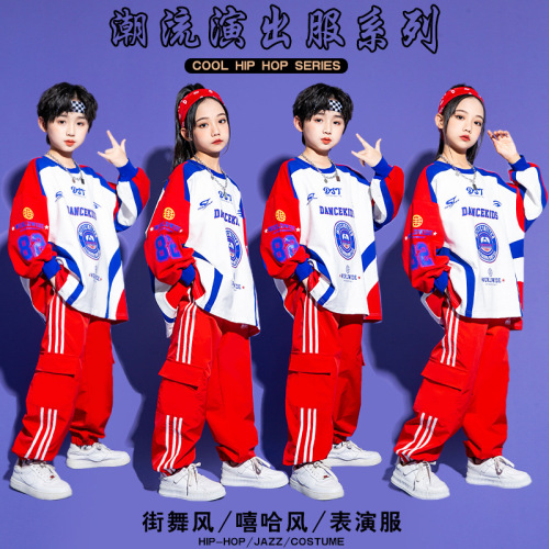 Red with blue hiphop Street jazz Dance costumes for girls Boys Hip Hop gogo dancers rapper singers cargo pants mode show Trendy dance uniforms Sports Games Clothing 