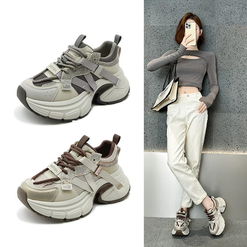 Новые популярные женские повседневные кроссовки на толстой подошве с увеличением роста и стразами, весна-лето 2025