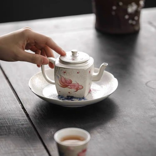 Chinese-style enameled silver square pot teapot household silver pot ceramic Gongfu tea set tea cup set