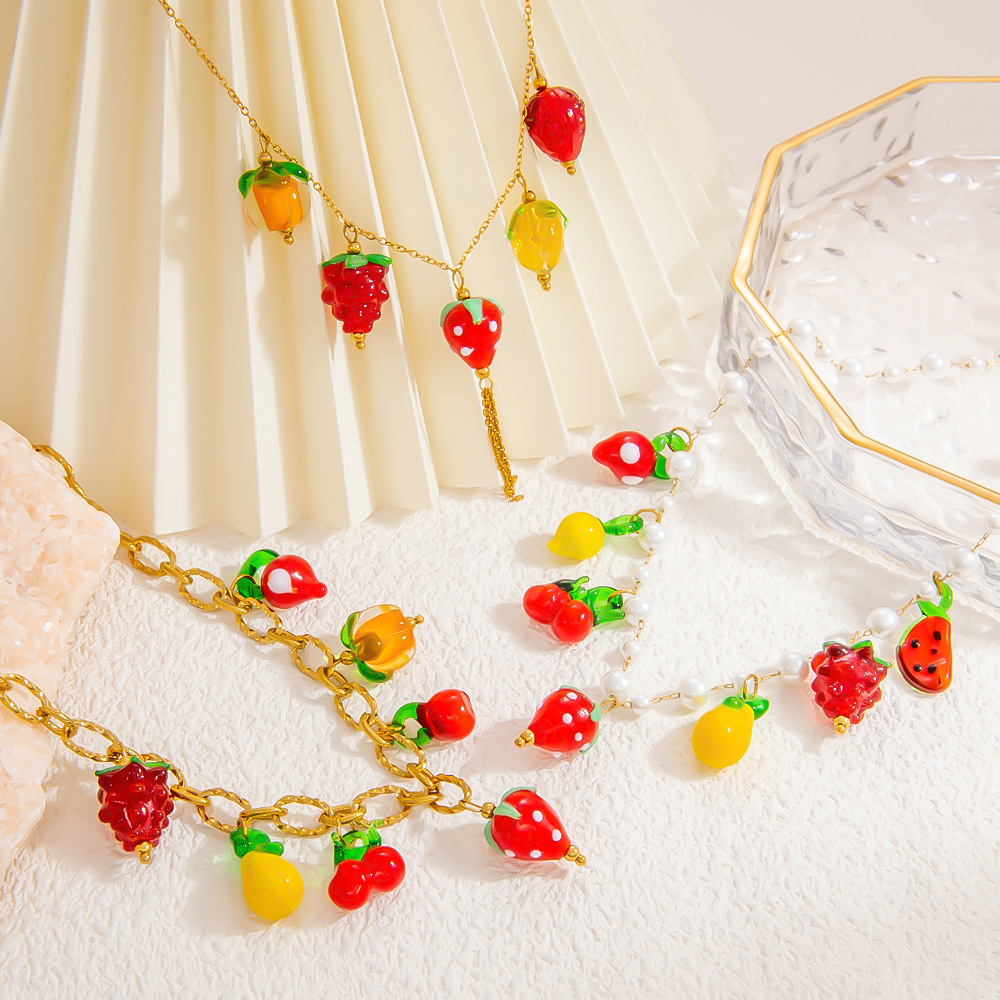 17g Weight PVD Coated Gold Plating Process 18K Gold Plated Plating Material Glass, Titanium Steel Pendant Material Pendant Necklace Classification Titanium Steel Chain Material Beaded Chain, Paperclip Chain, cable chain Chain Type 1 Piece Quantity Casual, Daily Occasion Glass, Titanium Steel Material Cherry, Heart Shape, Strawberry Pattern Women's Gender Plating Design Cute Style Gold Color Cute Cherry Heart Shape Strawberry 18K Gold Plated PVD Coated Glass Titanium Steel Beaded Chain Paperclip Chain Cable Chain Pendant Necklaces Wholesale 11