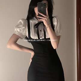 夏季纯欲黑白显瘦包臀裙辣妹百搭外穿打底学院风拼接气质连衣裙