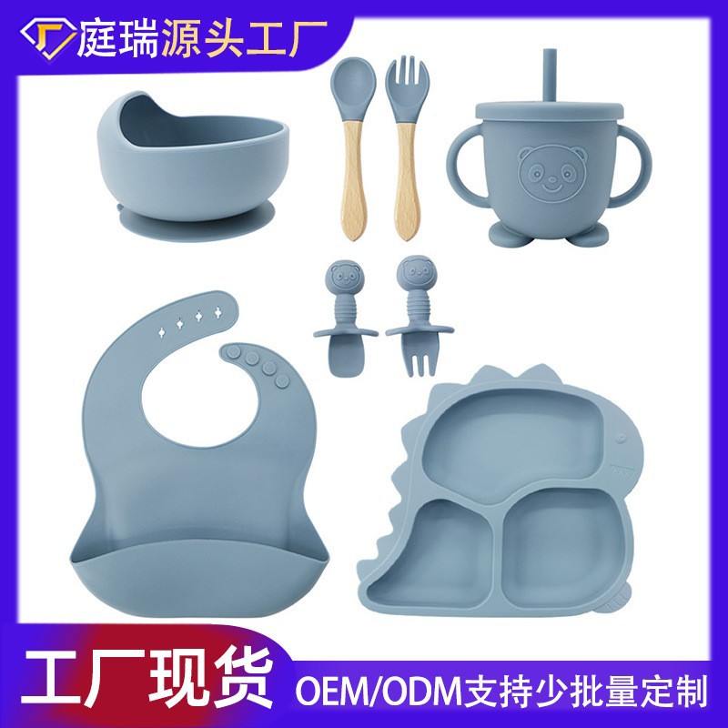 Fábrica al por mayor cubiertos para bebés babecera de silicona platos de comida suplementarios dinosaurios niños comidas set de entrenamiento