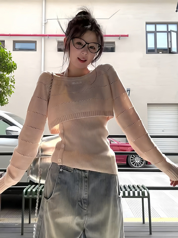 韩系chic早秋穿搭两件套修身挂脖背心套装针织衫镂空毛衣别致上衣|undefined