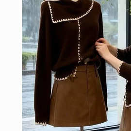 咖色撞色围巾领毛衣外套女秋冬季慵懒风气质宽松长袖针织开衫上衣