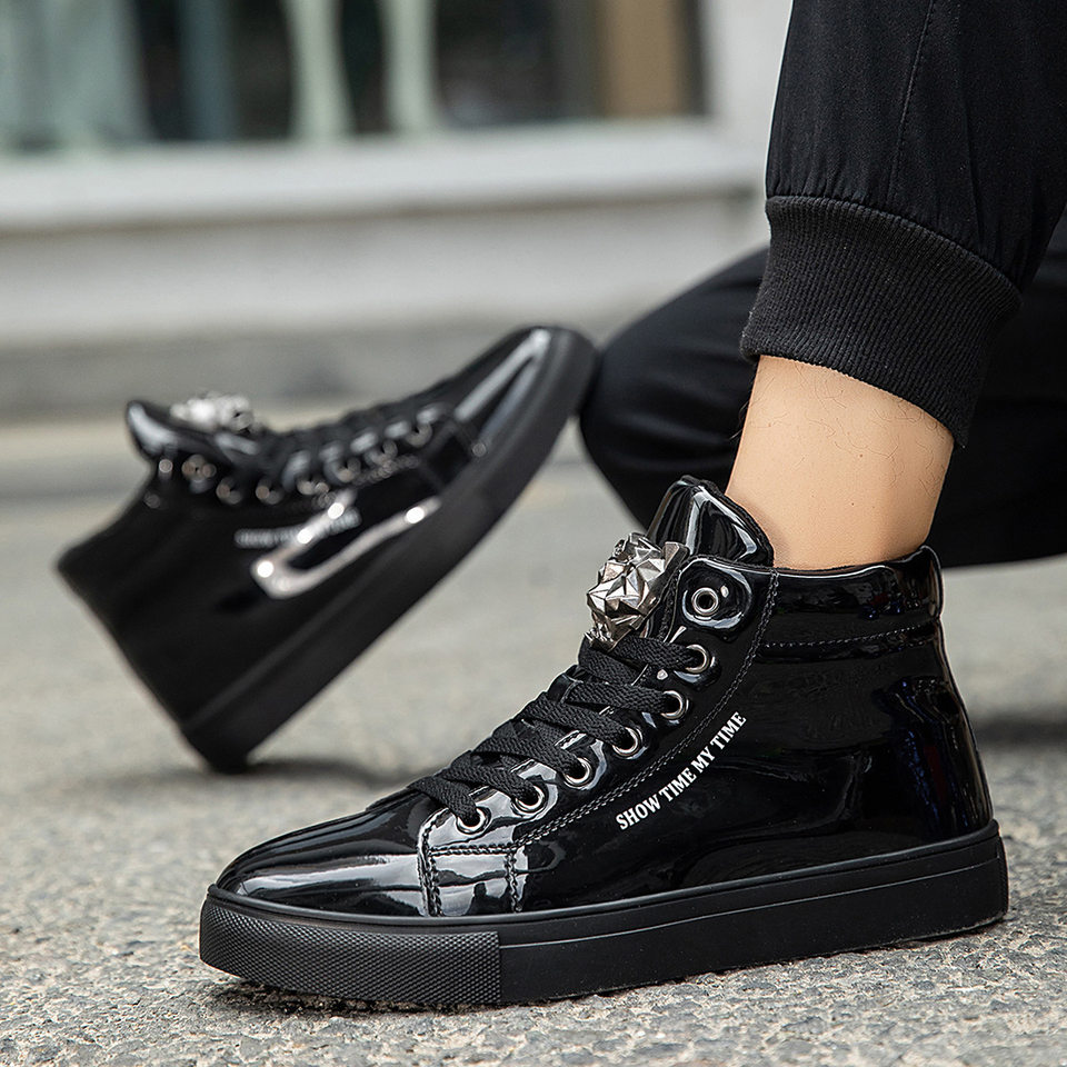 Giày sneaker nam cổ cao da bóng phong cách Hàn Quốc, giày thể thao thời trang cá tính — Bạc, màu xanh, màu đen, màu đỏ chi tiết 13