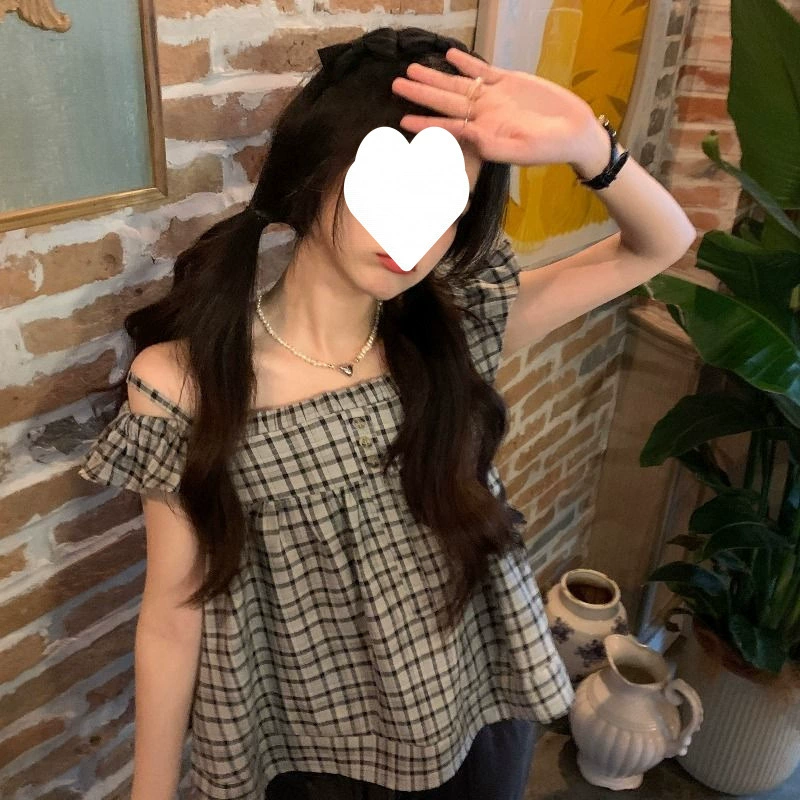 Ретро клетчатый короткий топ с маленькими летящими рукавами, летняя рубашка с квадратным воротником, свободная рубашка с высокой талией, женственный стиль
