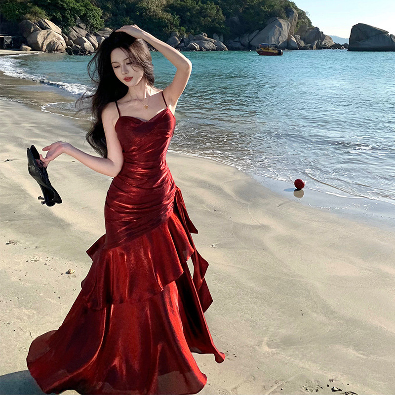 Ready Stock Real Shot Mermaid Red Ruffled Classy Red Dress Adult Ceremony Banquet Dress with Chest Pad