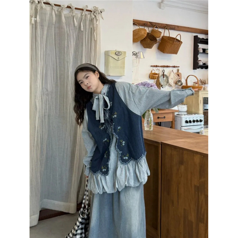 Literary Retro Suit Women's Autumn and Winter New Embroidered Denim Vest Cardigan Layered Shirt Dress Casual Trendy