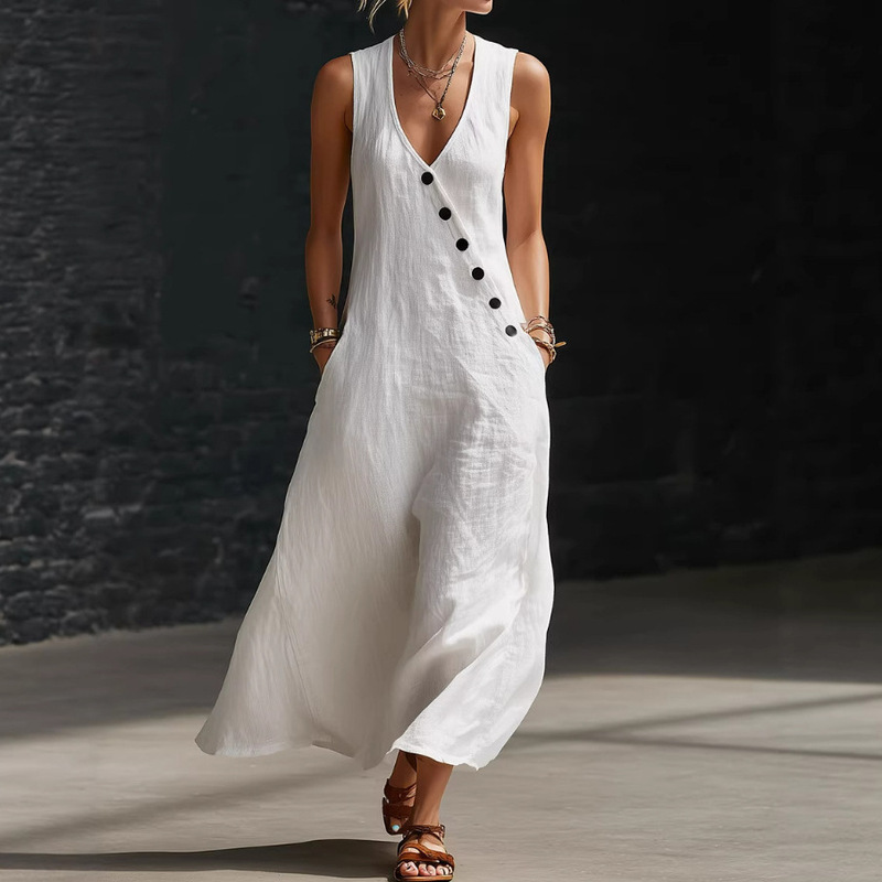 In-Stock Amazon Summer Cross-Border V-Neck Sleeveless Diagonal Button Vest Dress Long Women's Vacation Casual Dress In-Stock Amazon Summer Cross-Border V-Neck Sleeveless Diagonal Button Vest Dress Long Women's Vacation Casual Dress