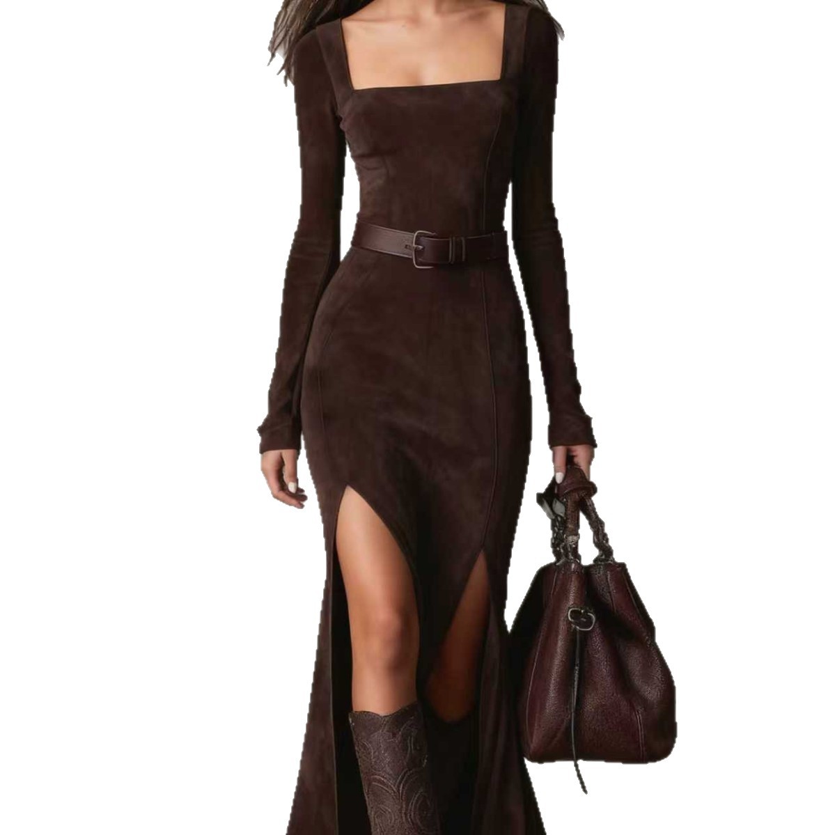 8110 Autumn/Winter Slim Fit Zipper Square Collar Long Dress With Split_ecoleips.com