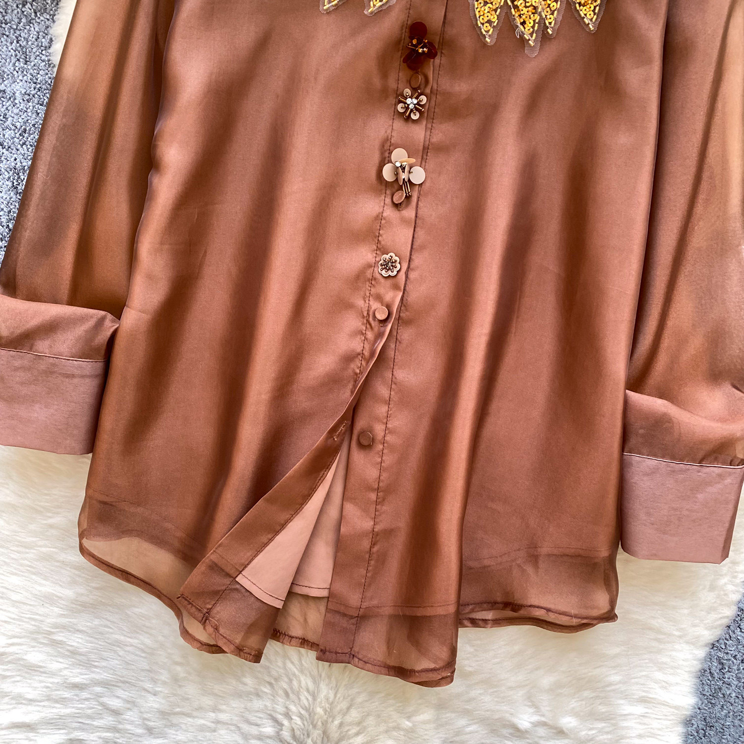 Women's Sequined Beaded Mesh Long Sleeved Shirt Loose Fitting Cardigan Elegant And Sophisticated Design for Commuting Niche_voghion.com