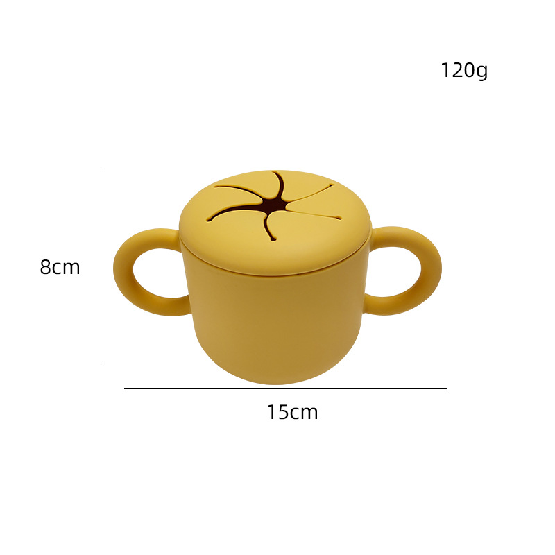 Doble oreja de tipo pétalo abierto de silicona snack taza con mango bebé snack caja creativa beber taza en stock
