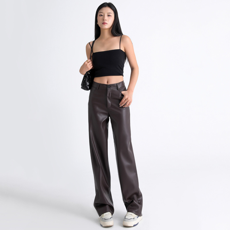 New American-Style Pu Leather Pants for Women, Spring, Autumn, and Winter, High-Waisted, Slimming, Drapey, Casual Straight-Leg Pants, Loose Suit Wide-Leg Pants New American-Style Pu Leather Pants for Women, Spring, Autumn, and Winter, High-Waisted, Slimming, Drapey, Casual Straight-Leg Pants, Loose Suit Wide-Leg Pants