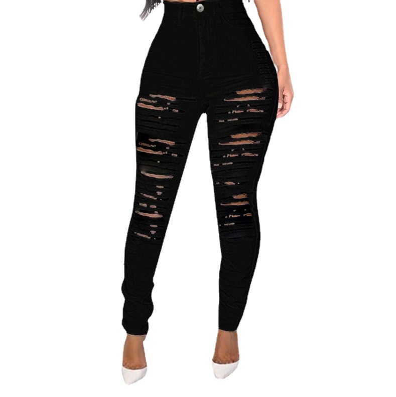 El comercio exterior de AliExpress deseo Amazon Europea y Americana personalizada rasgado Delgado elástico cintura alta Denim pantalones flacos image 6