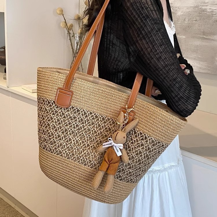 Summer Trendy Vacation Style Woven Straw Basket Bag For Women - Fashionable Versatile Shoulder Bucket Bag For Beach & Commuting - Thumbnail 4