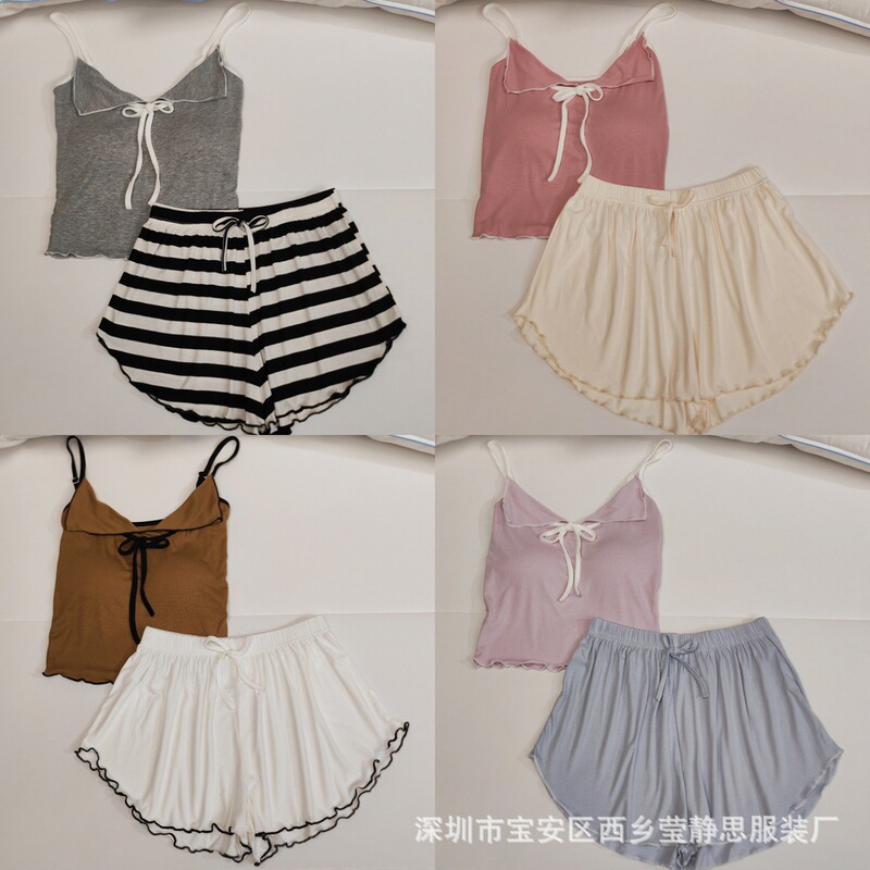 Independent Collocation ~ Summer with Chest Pad Modal Cotton Pajamas Women's Sling Shorts Sexy Solid Color Home Clothes suit Independent Collocation ~ Summer with Chest Pad Modal Cotton Pajamas Women's Sling Shorts Sexy Solid Color Home Clothes suit