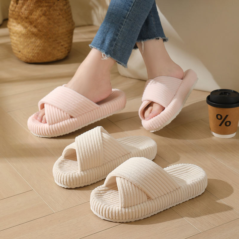 跨境新款灯芯绒厚底胶粘棉拖鞋家用批发秋季家居室内交叉盆底鞋女