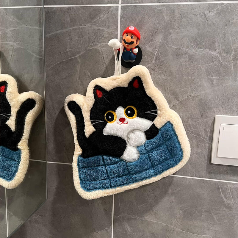 Cat-Themed Hanging Hand Towel for Kitchen and Bathroom, Thick Coral Fleece Towel That Doesn'T Smell, Luxurious