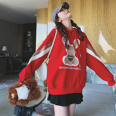 Real shot vitality By age Versatile Western style Easy Show thin College wind rabbit Embroidery Drawstring Hooded Socket Sweater