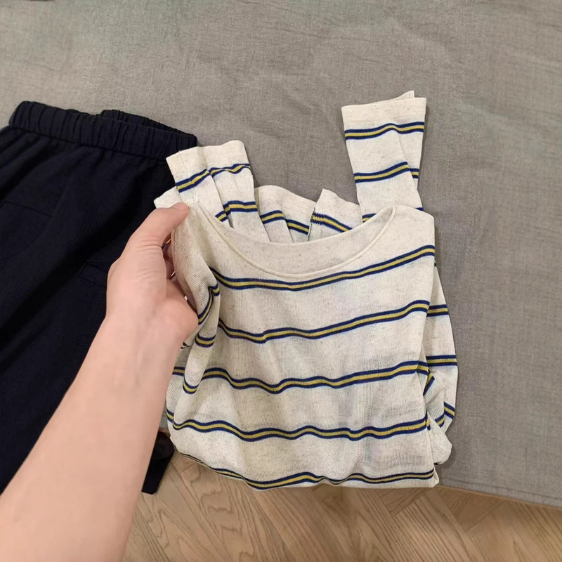 Tencel Linen Knitwear Women's Summer Thin One-Line Collar Rolled Edge Sun Protection Long-Sleeved Blouse Stripesd T-Shirt Air-Conditioned Shirt