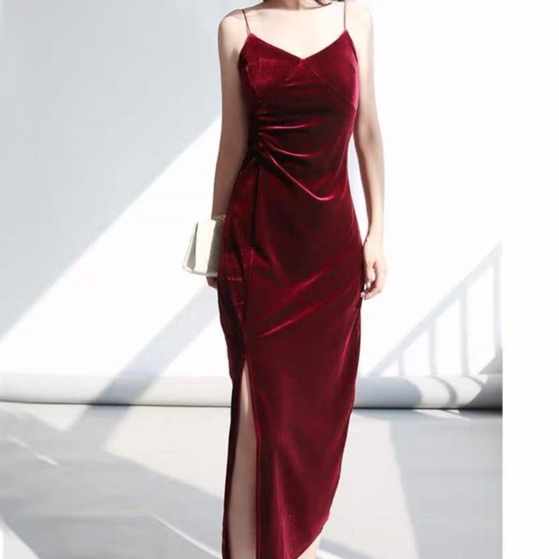 Black Suspender Dress, New Spring Style for Women, Mid-Length, Velvet-Like, Slit Dress Black Suspender Dress, New Spring Style for Women, Mid-Length, Velvet-Like, Slit Dress