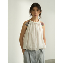 [共线]COLNE夏季新款设计感手工捏褶领纯棉透纱编织挂脖背心C4140