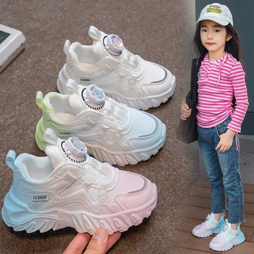 Children's Breathable Sports Shoes 2024 Spring New Fashion Boys and Girls Single Shoes Swivel Button White Shoes Running Shoes