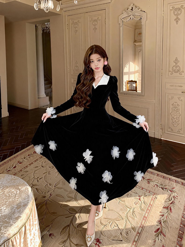 Đầm nhung V cổ thắt eo phong cách Hepburn hoa nổi 3D cổ điển thanh lịch — đen chi tiết 6