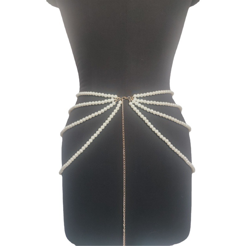 Cadena de cintura europea y americana con diferente espesor perla conexión multi-capa borla lado swing cadena cintura decoración an6206