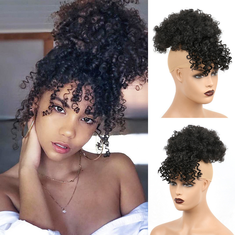Cross-border European and American wig small roll horsetail with bangs wig explosive head curly hair horsetail afro puff manufacturers