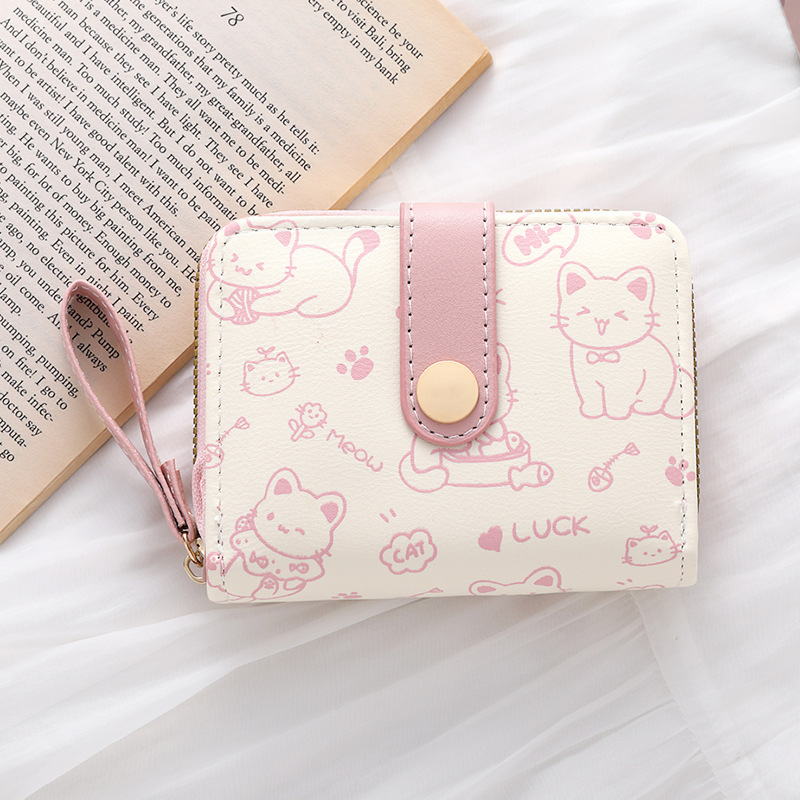 シンプルでかわいい子猫和風レディースバックルコインポジションハンドストラップレディース多機能ショートウォレット財布カードホルダー|undefined