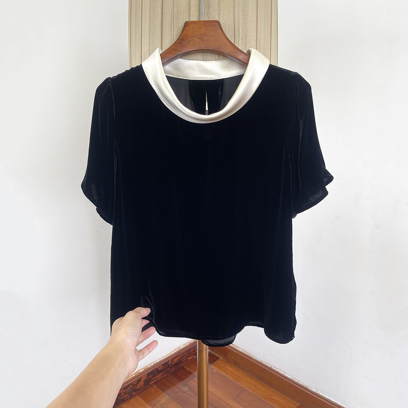 100% Silk Velvet Short-Sleeve T-Shirt for Women, Summer Thin, Skin-Friendly, Breathable, Color-Blocked Collar, Elegant Silk Top