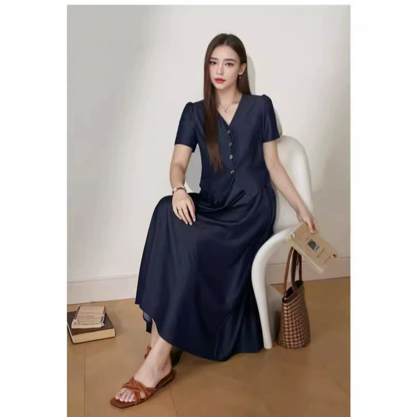 Retro denim summer skirt, set, plus size, V-neckline, A-line, fitted