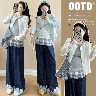 Pregnant women spring and summer new vest stitching lace bottoming shirt long sleeve outside twill wash pants sweet three-piece set