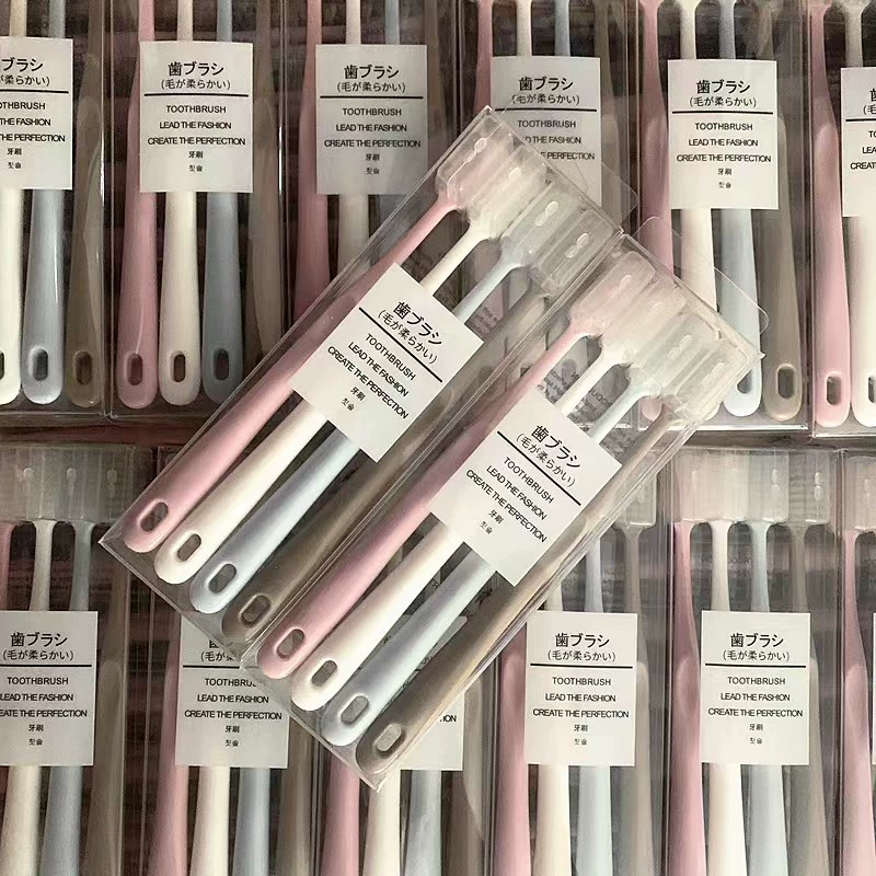 Зубная щетка Macaron 4 шт. ④ цвет бамбуковый уголь тонкие мягкие волосы для взрослых Бытовая большая голова дорожная зубная щетка без принта в японском стиле