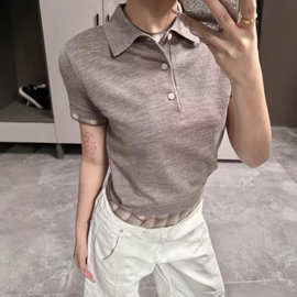 现货26早春新款 Ac*e撞色拼接格纹翻领假两件针织短袖T恤上衣女