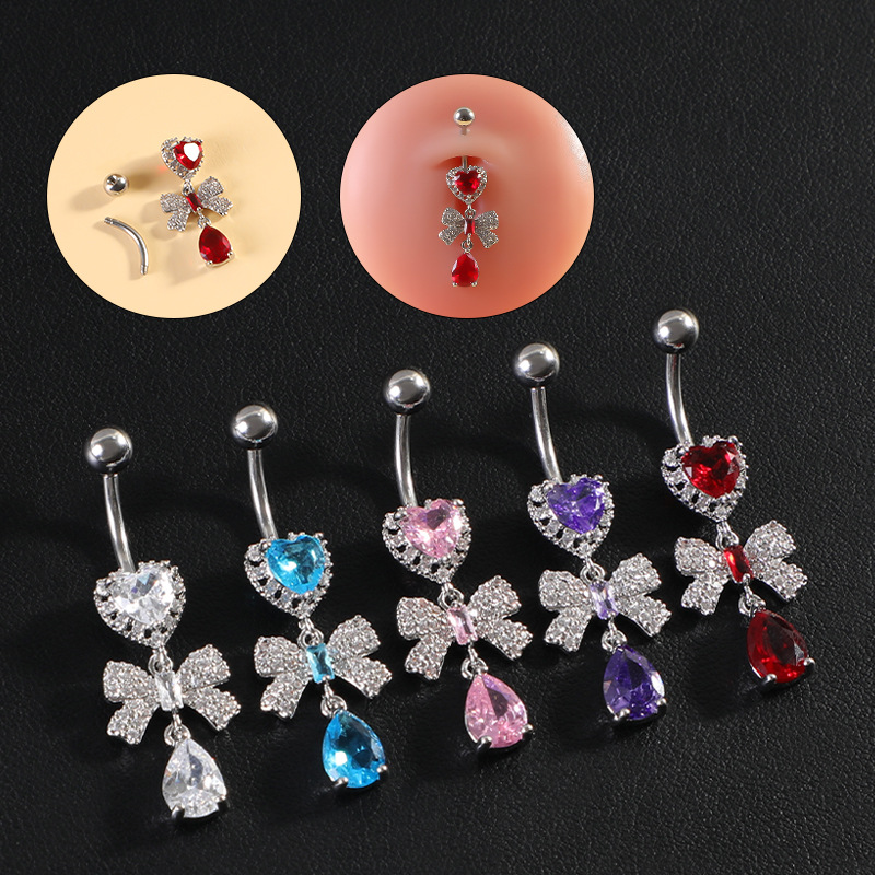 Nouveau piercing nombril sexy en acier inoxydable avec nœud papillon et zircon en forme de cœur_voghion.com