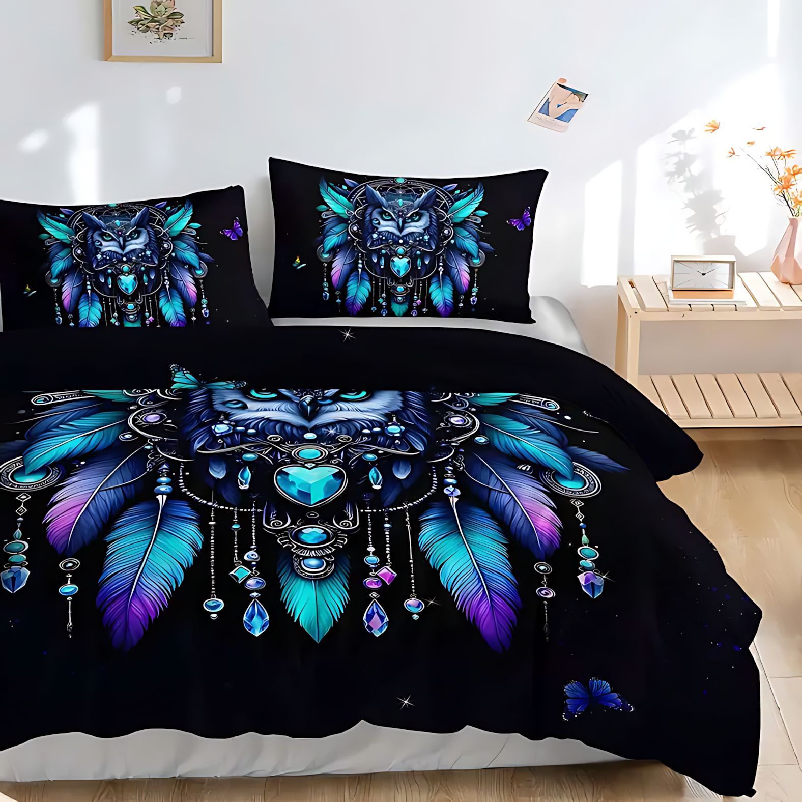 TEMU / JIT Owl Dreamcatcher 3D transfronterizo impresión digital suave set de edredón para diseñar